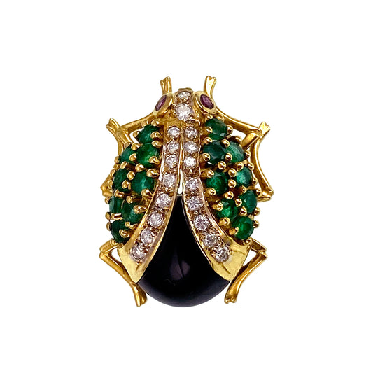 Vintage 18K, Diamond, Emerald, Ruby & Onyx Beetle Insect Brooch K