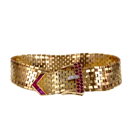 SOLD Retro 14K, Diamond & Ruby Buckle Bracelet