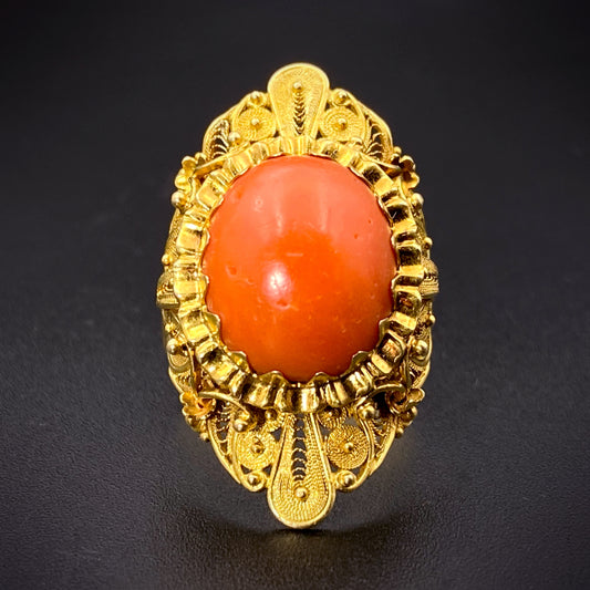 Opulent Antique 18K & Orange Coral Ring K