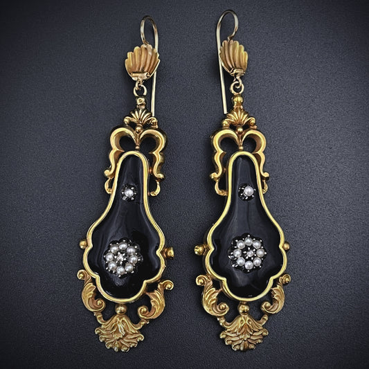 SOLD Fantastic Antique Victorian 14K, Diamond, Seed Pearl & Enamel Earrings