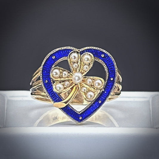 Sold: Antique 14K, Diamond, Pearl & Enamel Heart & Clover Conversion Ring K