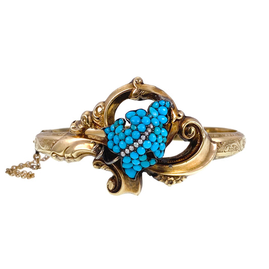 SOLD Antique 14K, Turquoise & Seed Pearl Bangle Bracelet
