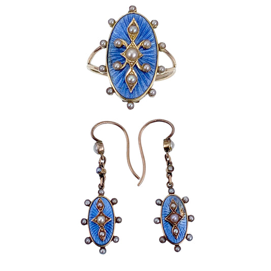 Antique English 12K, Seed Pearl & Guilloche Enamel Conversion Ring & Earring Set