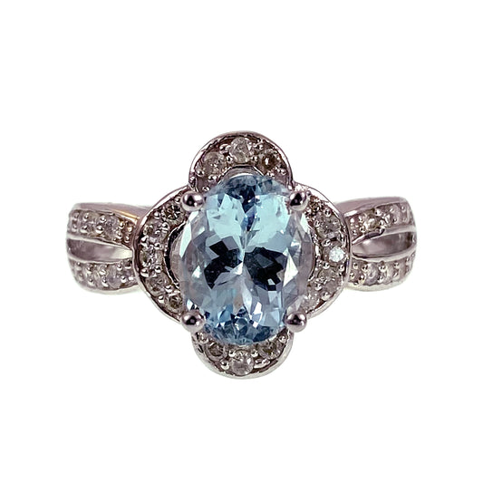 Vintage 14K, Aquamarine & Diamond Ring