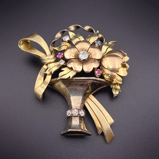 Retro 18K, Diamond, Ruby & Sapphire Flower Basket Brooch