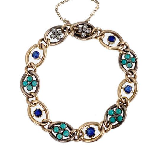 Antique 14K, Diamond, Sapphire & Turquoise Bracelet