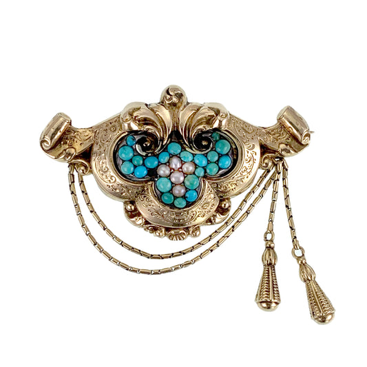 SOLD Antique 14K, Turquoise & Seed Pearl Brooch