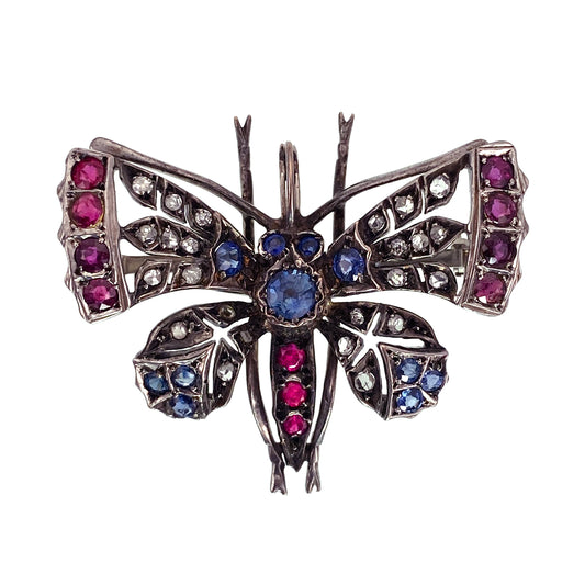 SOLD Antique 14K, Silver, Diamond, Sapphire & Ruby Butterfly Brooch