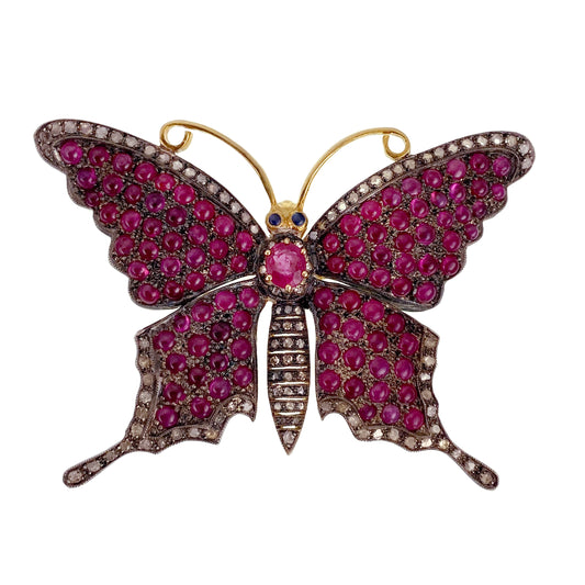 Antique Silver, Gold, Ruby & Diamond Butterfly Brooch