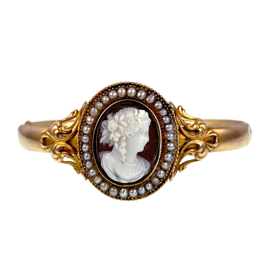 SOLD Antique 14K, Carved Cameo & Seed Pearl Bangle Bracelet