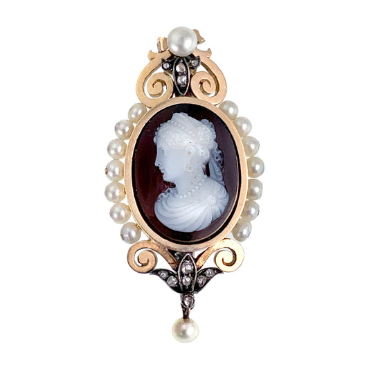Antique French 18K, Diamond, Pearl & Hard Stone Cameo Brooch