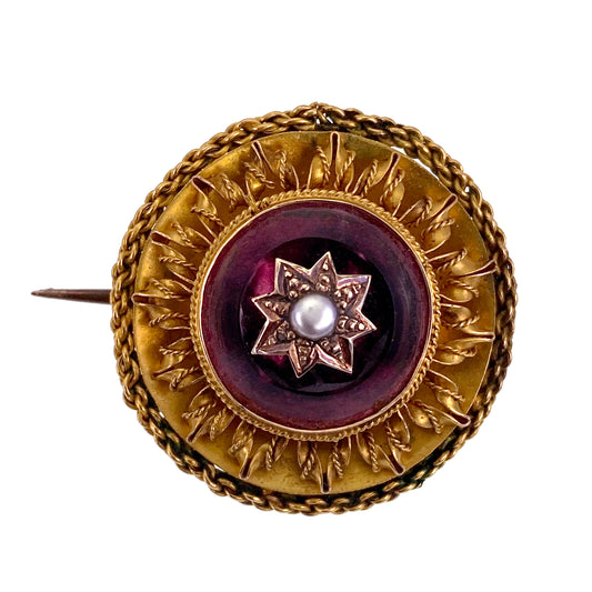 SOLD Antique Archeological Revival 15K, Foiled Quartz & Pearl Mourning Brooch