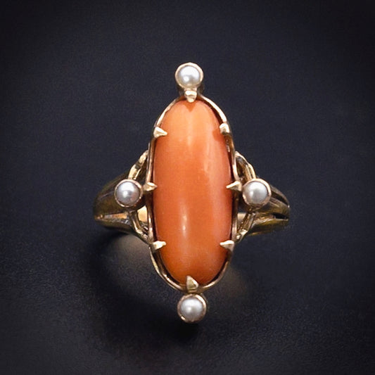 Antique 14K, Coral & Seed Pearl Conversion Ring