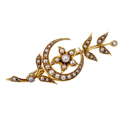 SOLD Antique 15K & Seed Pearl Floral Crescent Brooch