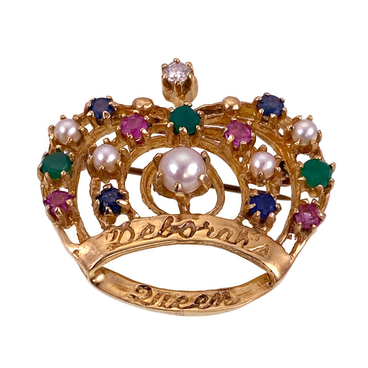 SOLD Vintage 14K, Diamond, Ruby, Emerald, Sapphire & Pearl Crown Brooch