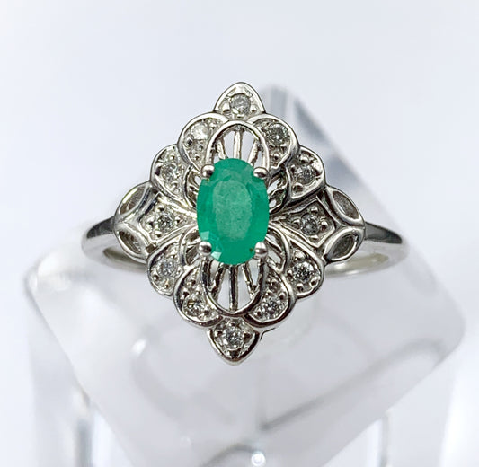 SOLD Alluring Art Deco  White 14K, Diamond & Emerald Ring