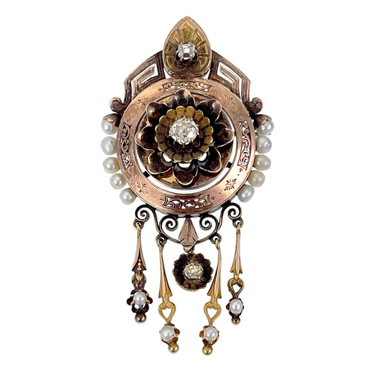 Antique Victorian 18K, Diamond & Pearl Dangler Brooch K