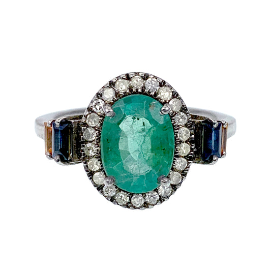 SOLD Silver, Emerald, Sapphire & Diamond Ring