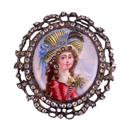 SOLD Antique French Silver, Rock Crystal & Painted Enamel Portrait Brooch