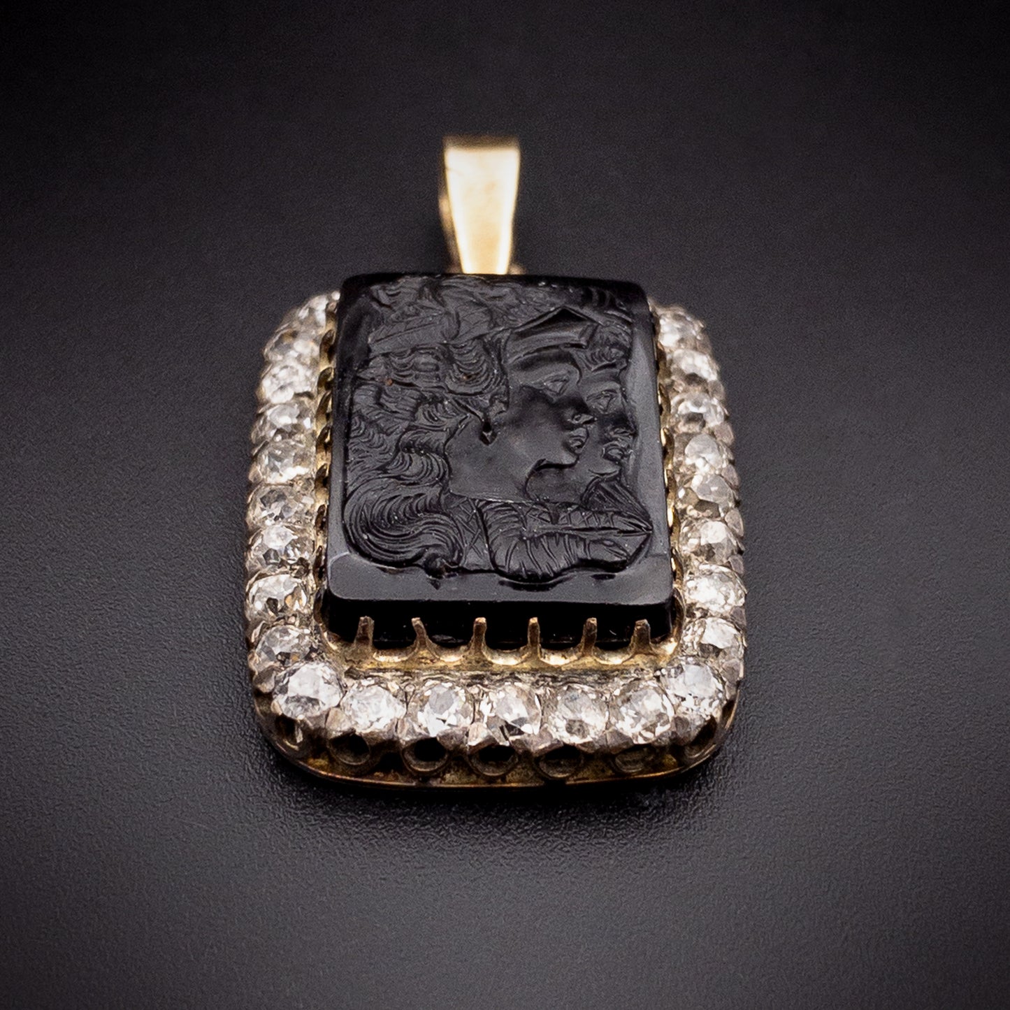 Sold  Antique 14K, Diamond & Carved Carnelian Cameo Egyptian Revival Pendant K