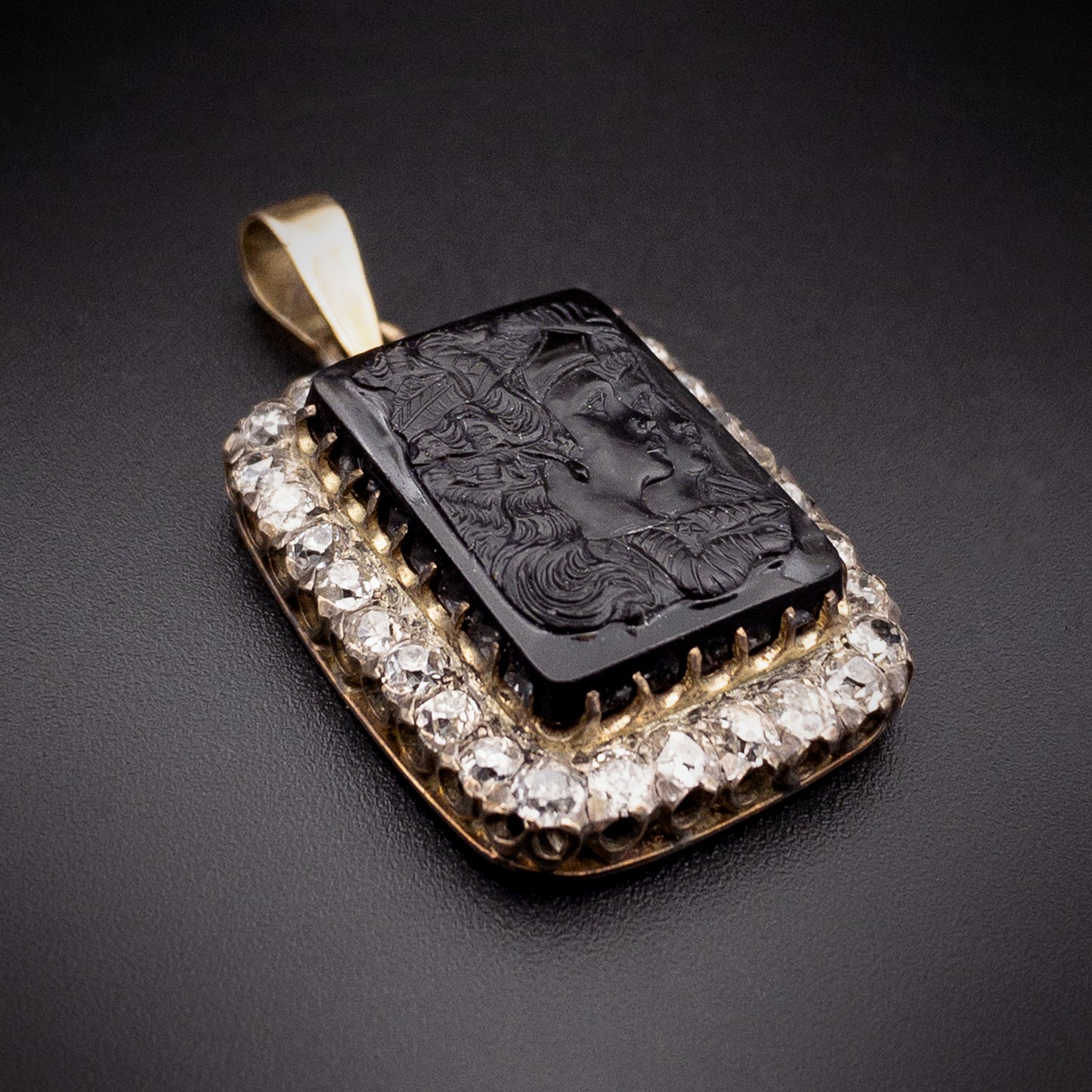 Sold  Antique 14K, Diamond & Carved Carnelian Cameo Egyptian Revival Pendant K