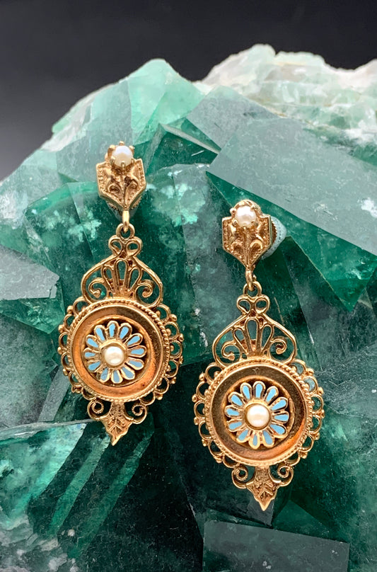 Antique Italian 14K, Pearl & Enamel Earrings