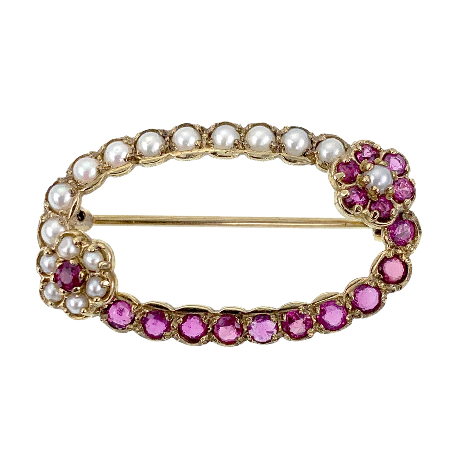 SOLD Antique 15K, Ruby & Pearl Floral Circlet Brooch