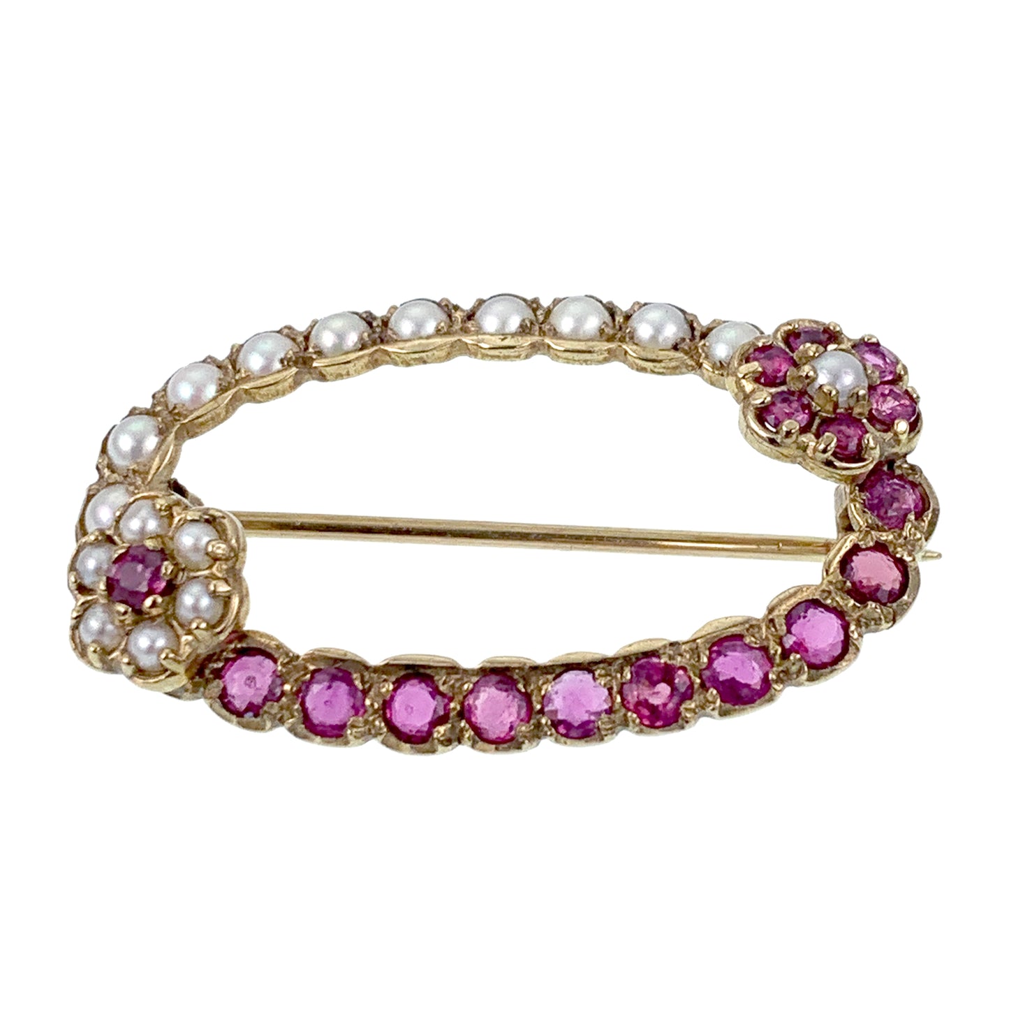 SOLD Antique 15K, Ruby & Pearl Floral Circlet Brooch