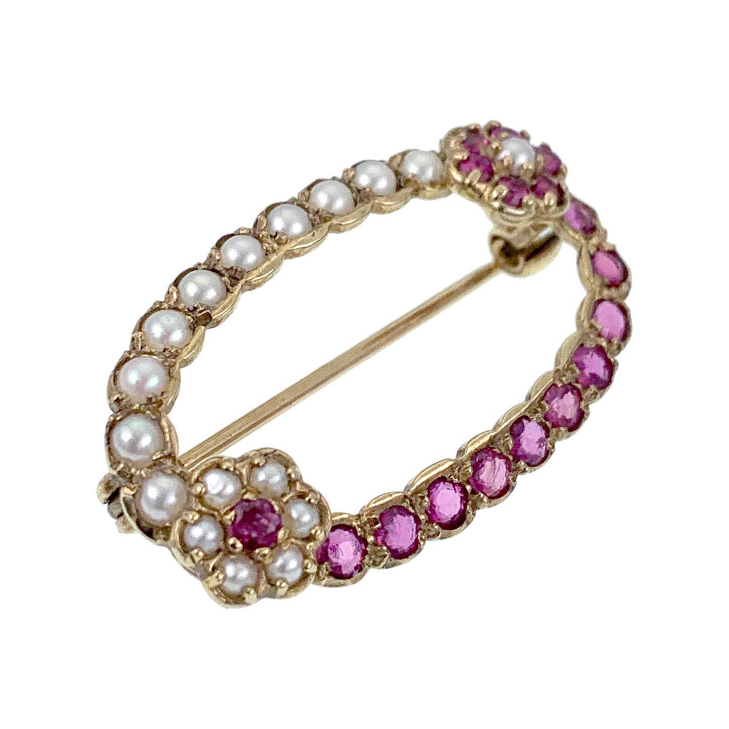 SOLD Antique 15K, Ruby & Pearl Floral Circlet Brooch