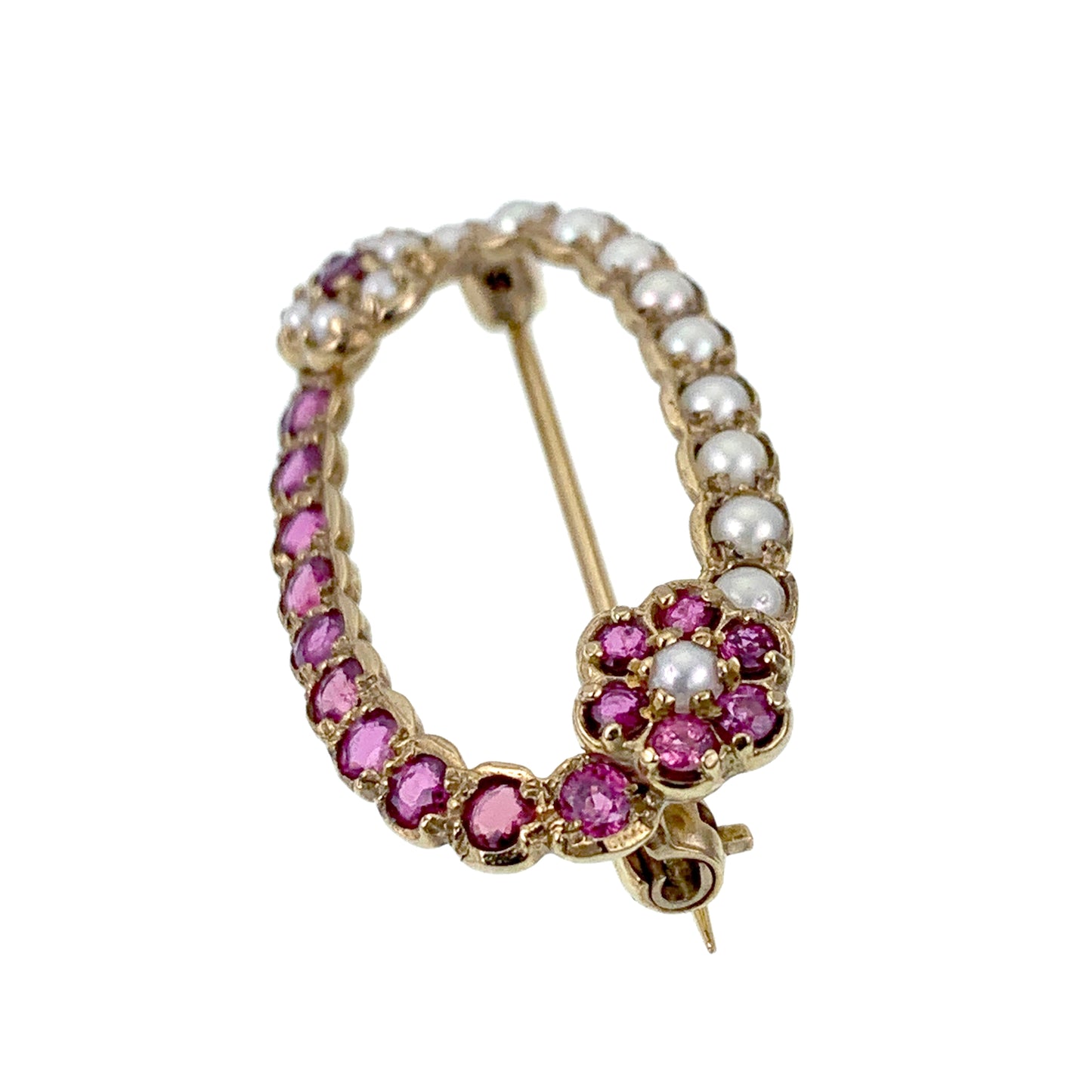 SOLD Antique 15K, Ruby & Pearl Floral Circlet Brooch