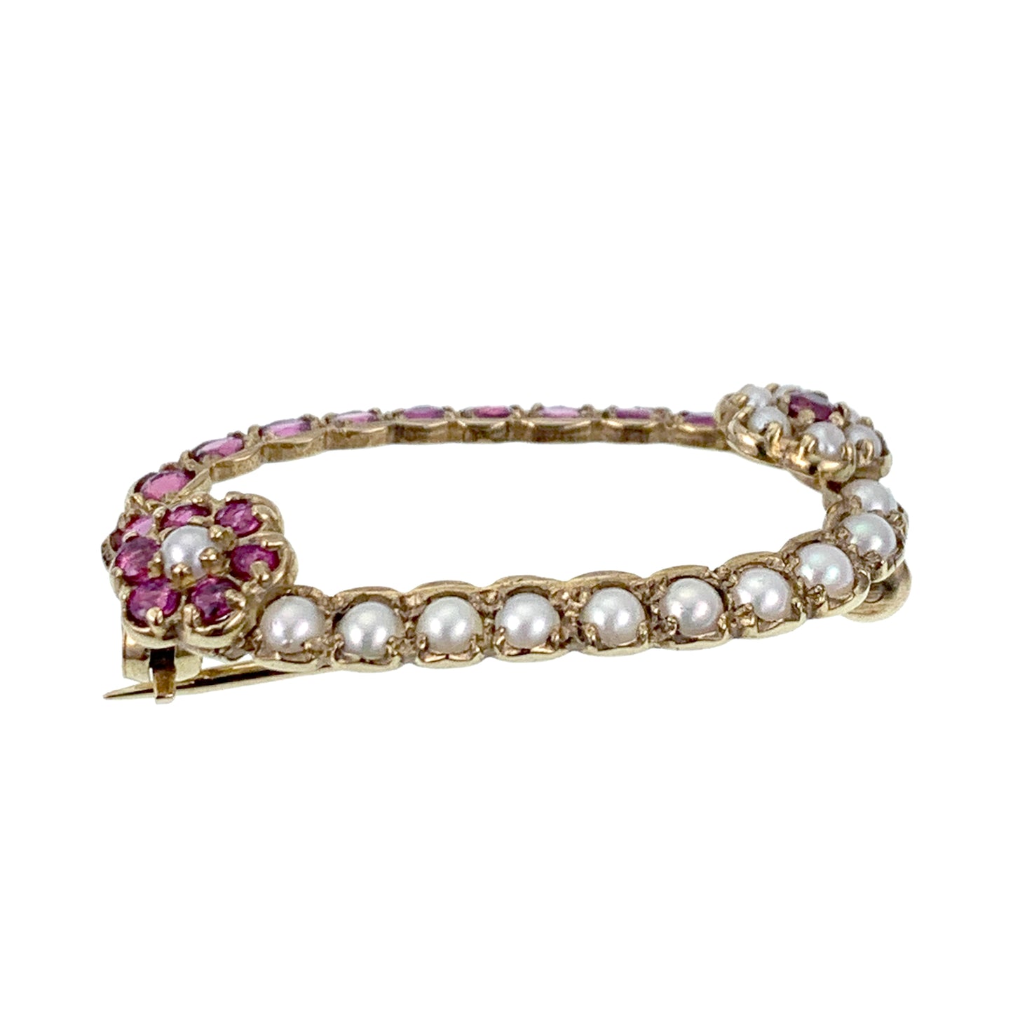 SOLD Antique 15K, Ruby & Pearl Floral Circlet Brooch