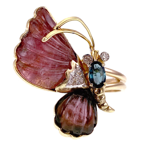 SOLD 14K, Carved Pink Tourmaline, Green Tourmaline & Diamond Butterfly Conversion Ring
