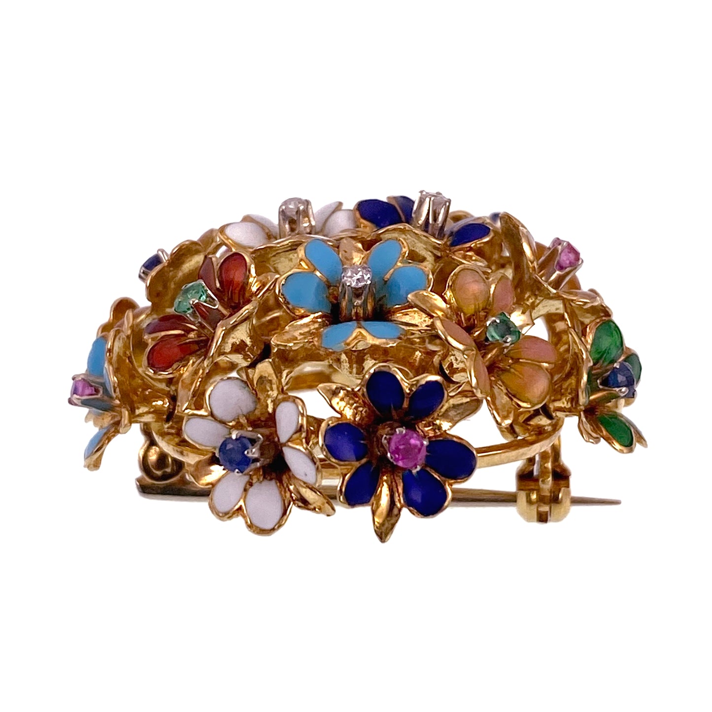 SOLD Vintage 18K, Diamond, Emerald, Sapphire & Enamel Brooch