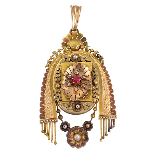 Antique Egyptian Revival 18K, Spinel & Pearl Locket Back Pendant