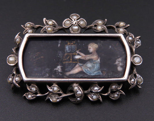 French Napoleon III Period Painted Portrait Silver and Pearl Brooch K