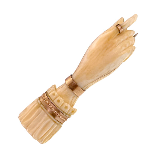 SOLD Antique 9K, Silver & Carved Bone Hand Brooch