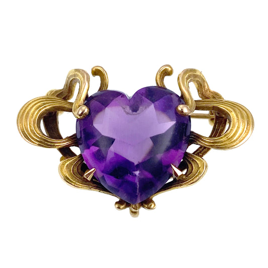 SOLD Antique Art Nouveau 14K & Amethyst Heart Brooch K