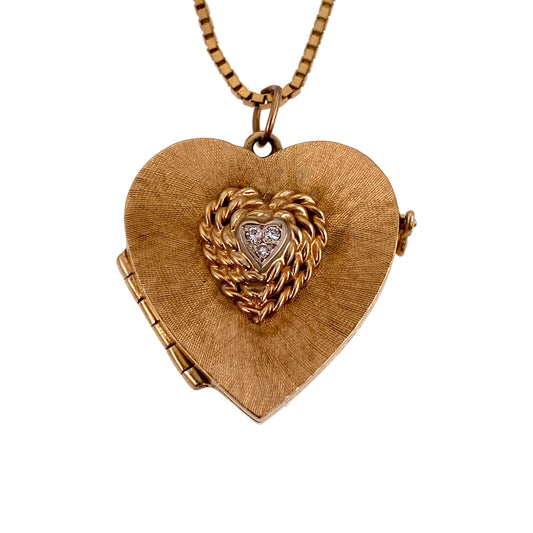 Vintage 14K & Diamond Heart Locket Pendant On Chain