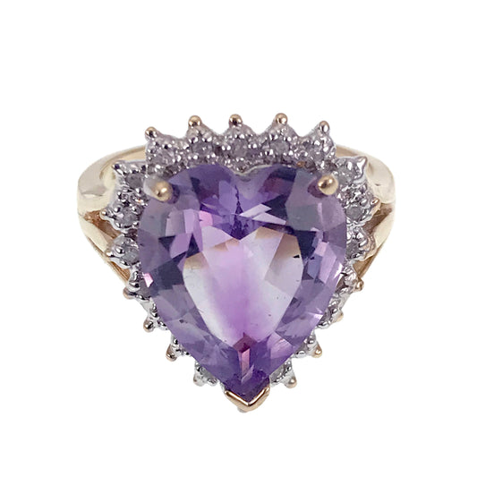 SOLD Charming Vintage 10K, Amethyst & Diamond Heart Ring
