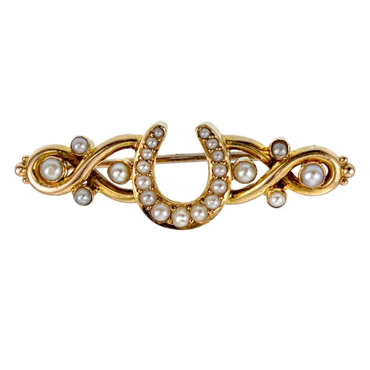 Sold  Antique 15K & Seed Pearl Horseshoe Brooch