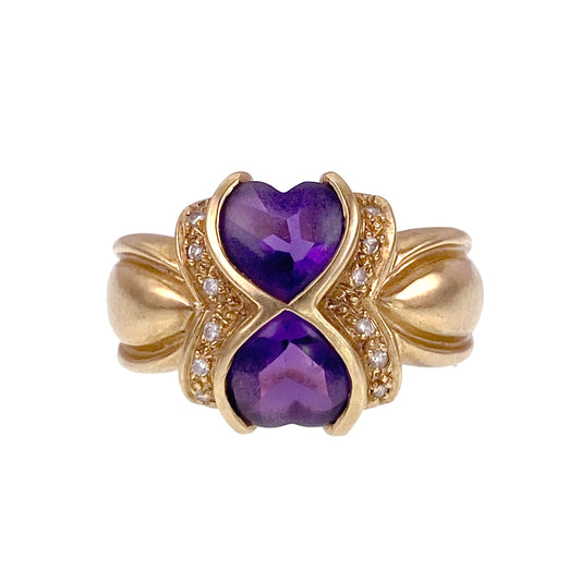 SOLD 14K, Amethyst & Diamond Double Heart Ring