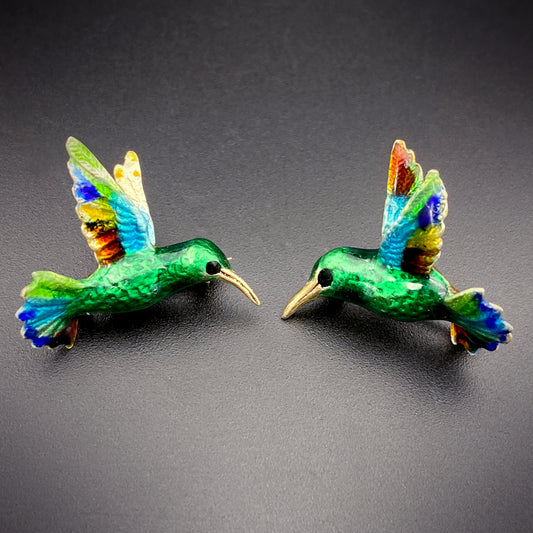 Vintage 14K & Colorful Enamel Hummingbird Brooch Pair