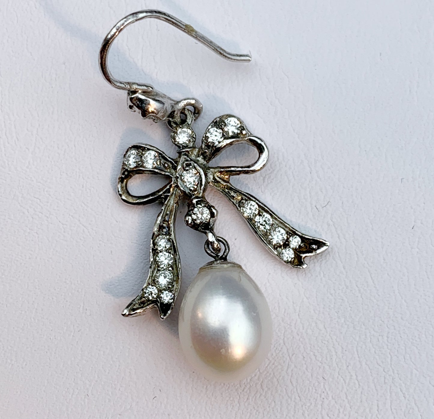 18K, Antique French Replica Pearl Drop & Diamond Bow Earrings