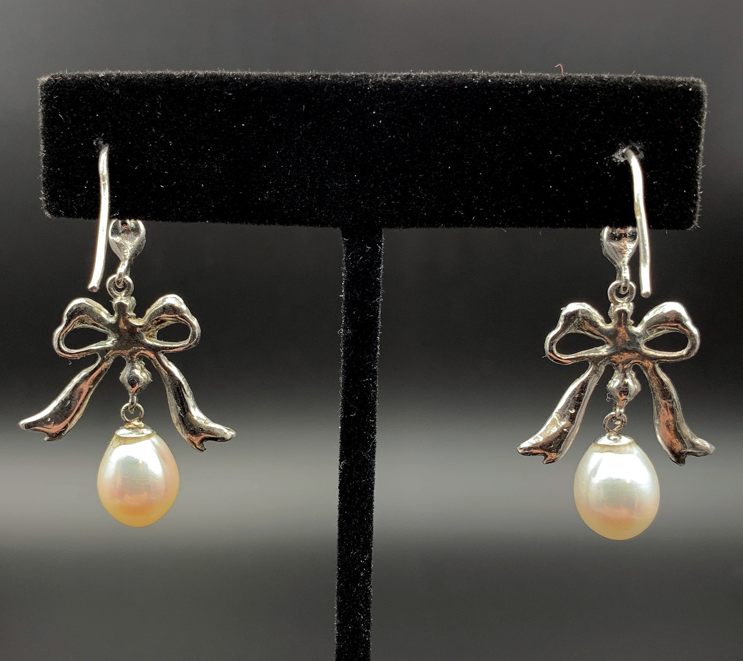 18K, Antique French Replica Pearl Drop & Diamond Bow Earrings