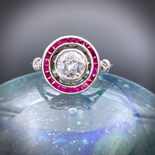 SOLD Late Deco Platinum, Diamond & Ruby Target Ring
