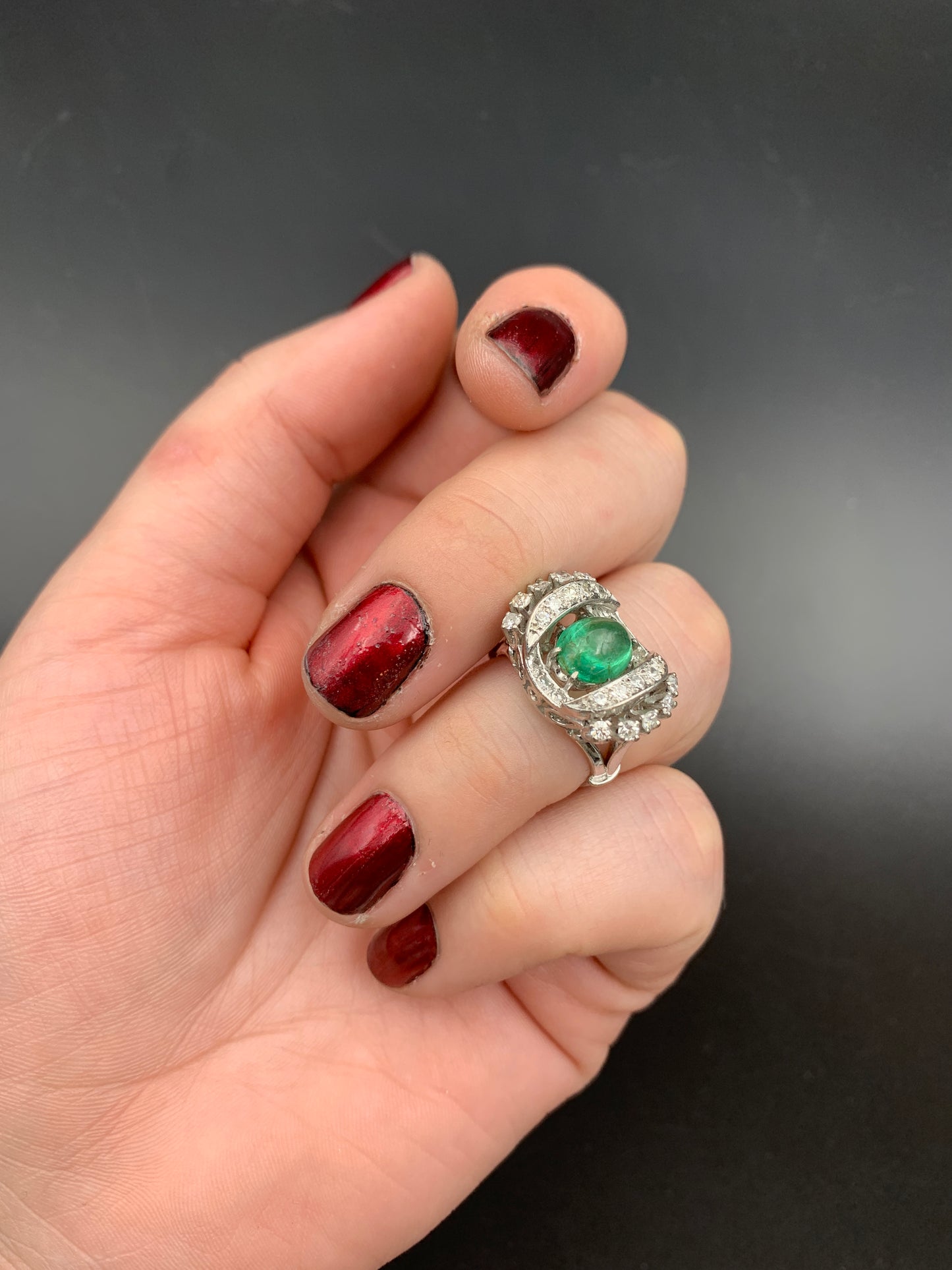 SOLD Vintage Mid Century 18K, Diamond & Emerald Cocktail Ring