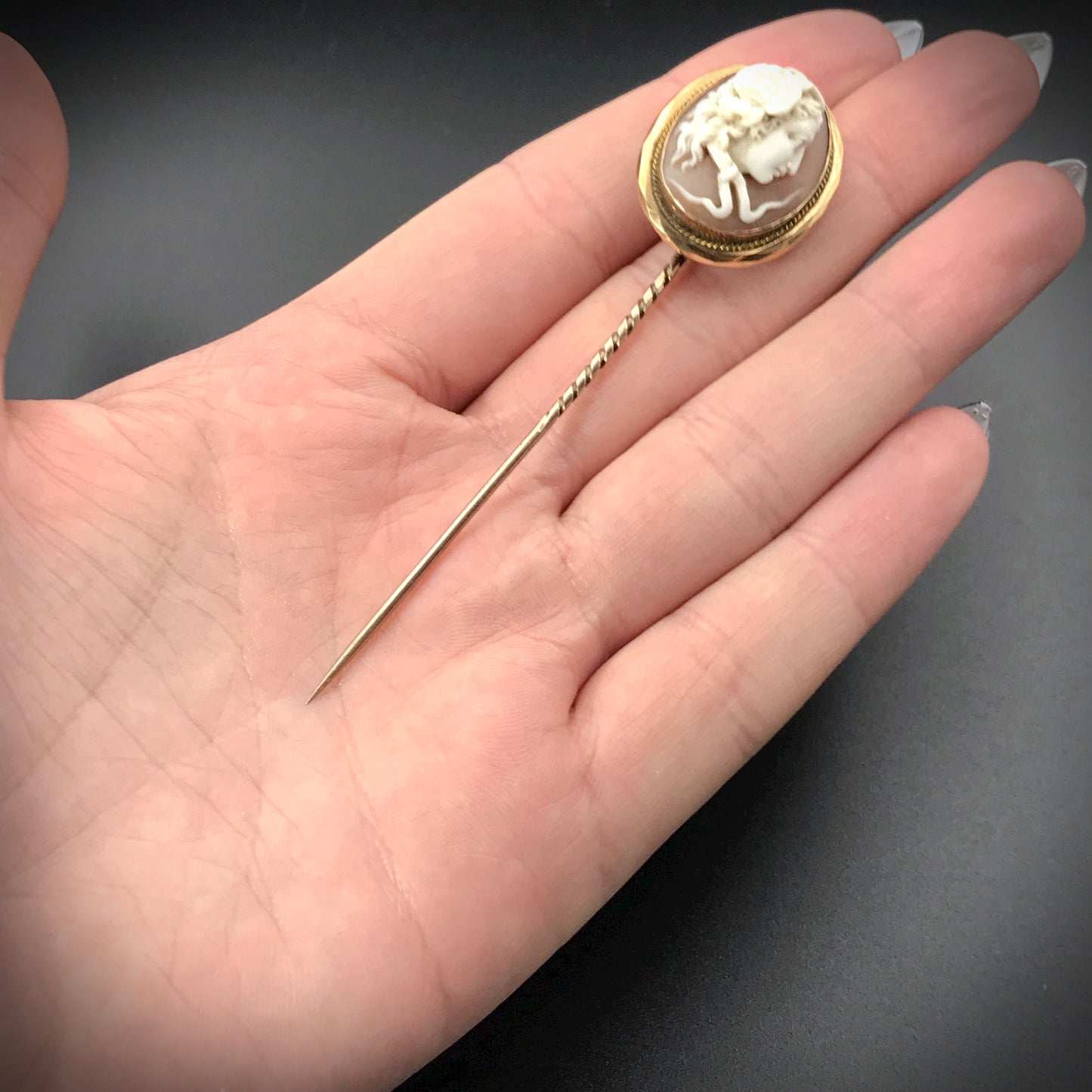 Outstanding Medusa Cameo Stick Pin 14K circa Mid 19th Century