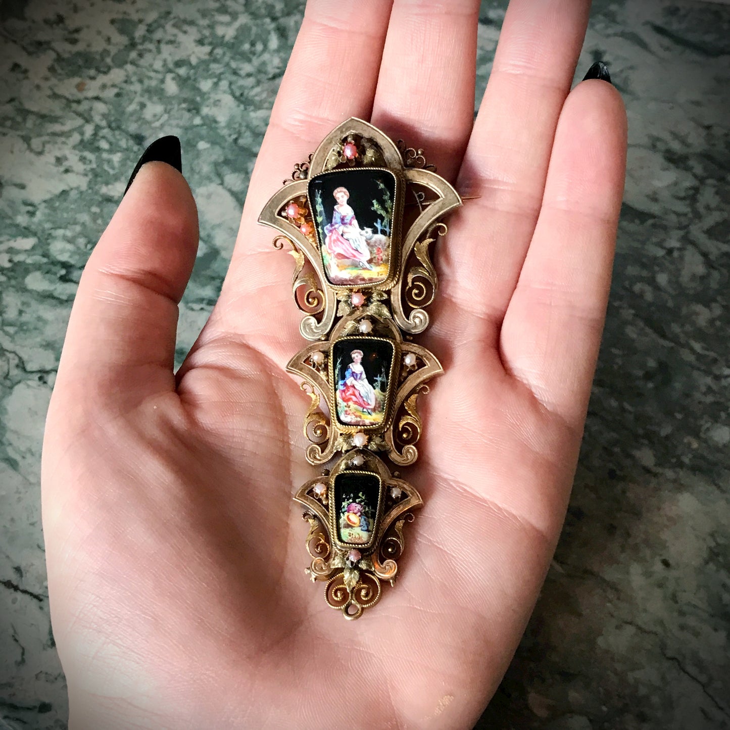 Antique 18K, Seed Pearl & Hand Painted Enamel Portrait Brooch