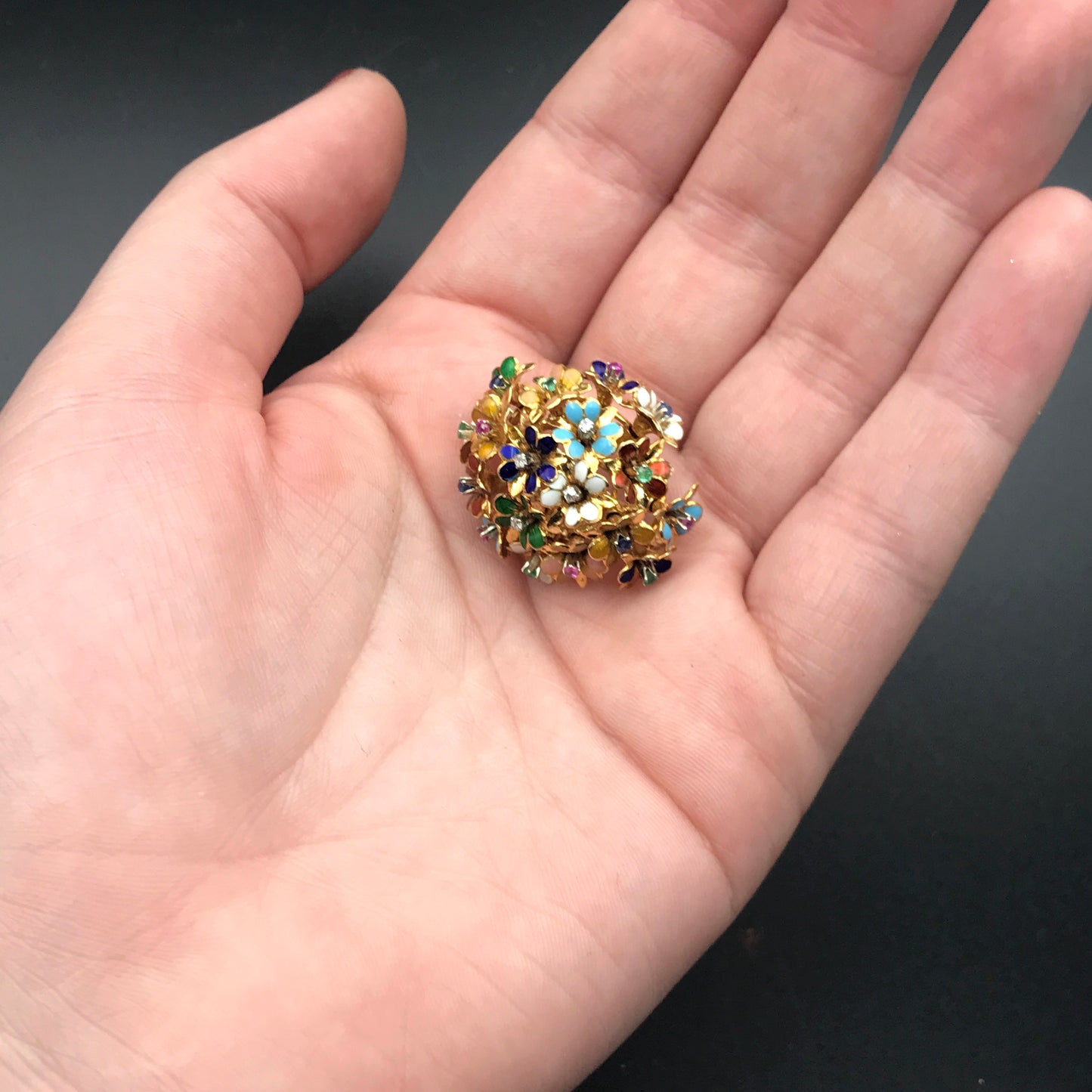 SOLD Vintage 18K, Diamond, Emerald, Sapphire & Enamel Brooch