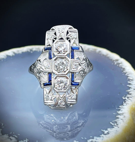 Art Deco Platinum, Diamond & Sapphire Ring